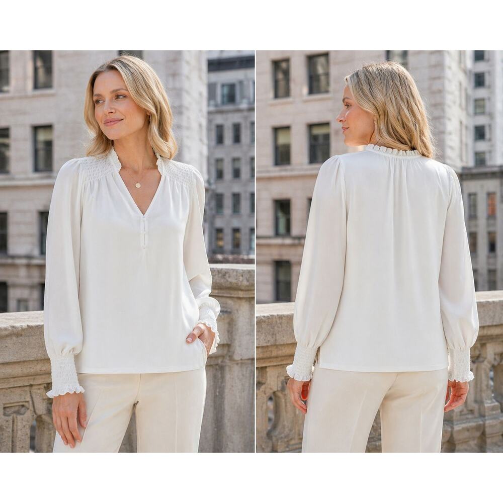 Tahari Ivory Blouse w/ Camisole Women’s Medium Sheer Long Sleeve Smocked Cuff